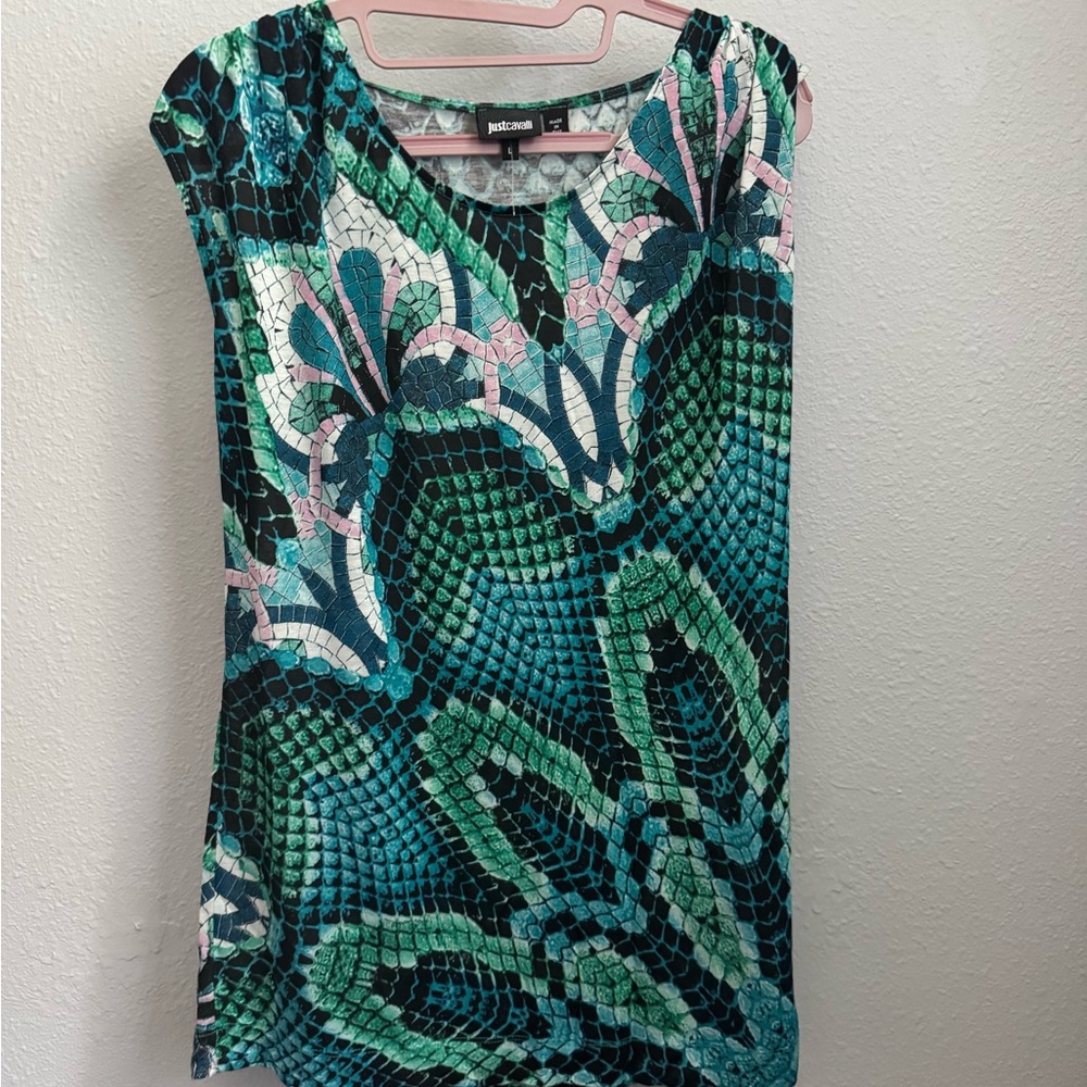 EUC Just Cavalli Women's Mosaic Sleeveless Blouse Sz Large